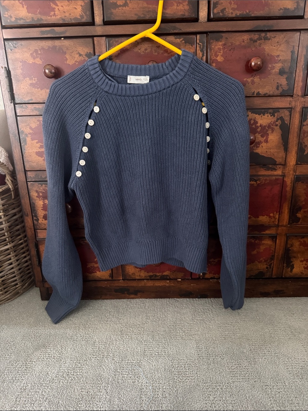 Mango Navy Crewneck Sweater with Side Button Detail